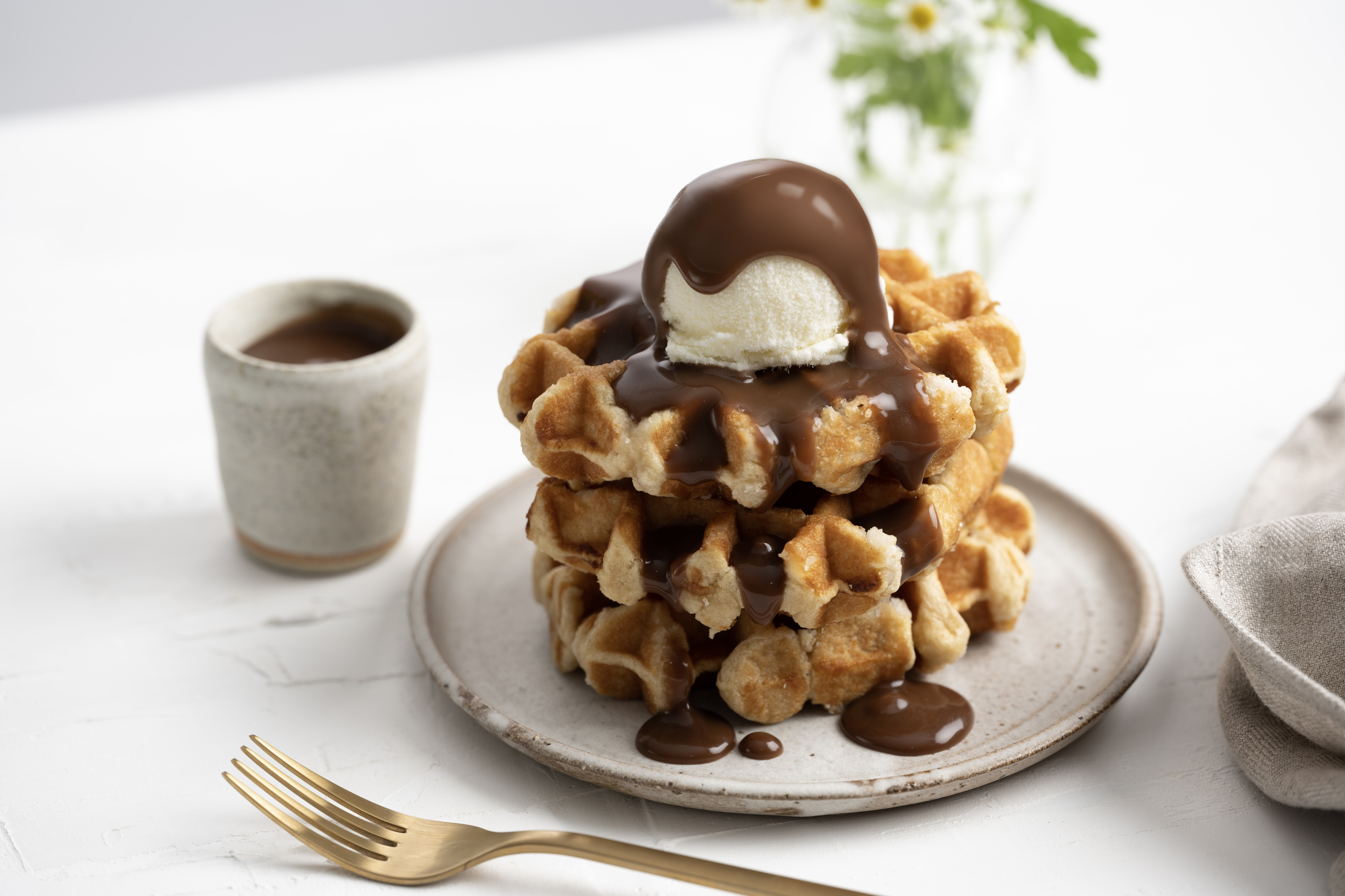 Chocolate Fudge Topping on Waffles with Ice Cream