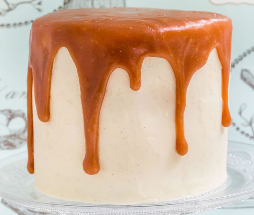 Brown Butter Cake with Vanilla Icing and Salted Caramel