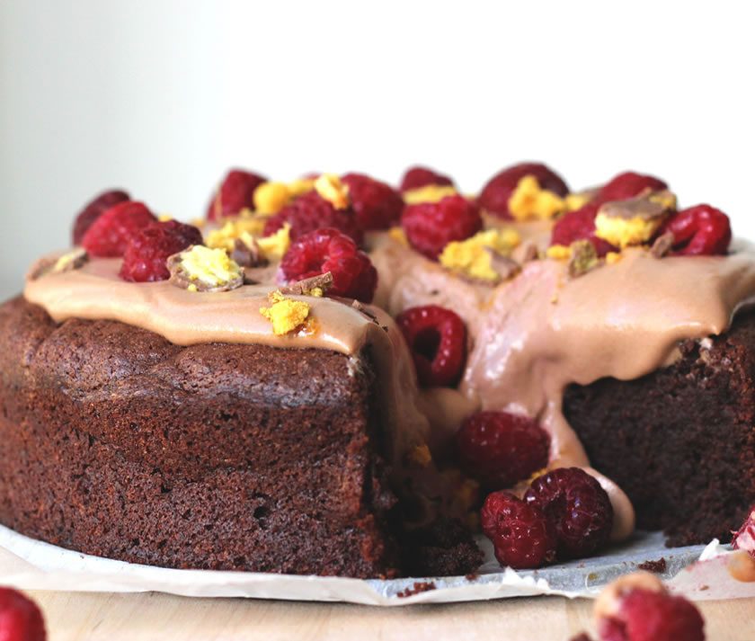 Flourless Chocolate Cake with Nutella Mousse, Raspberries & Honeycomb