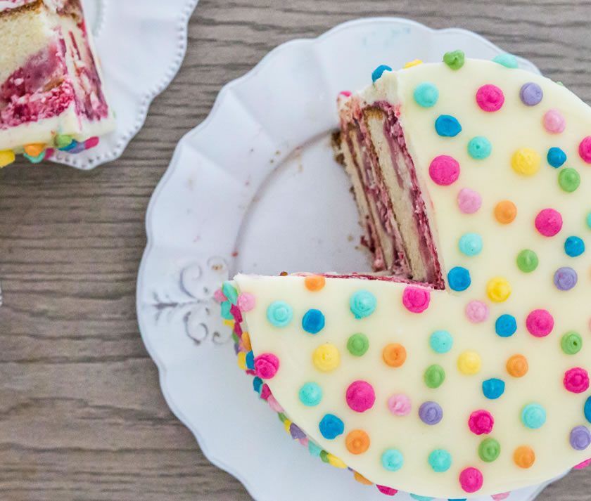 Polka Dot Icing Cake with Strawberry & Rhubarb